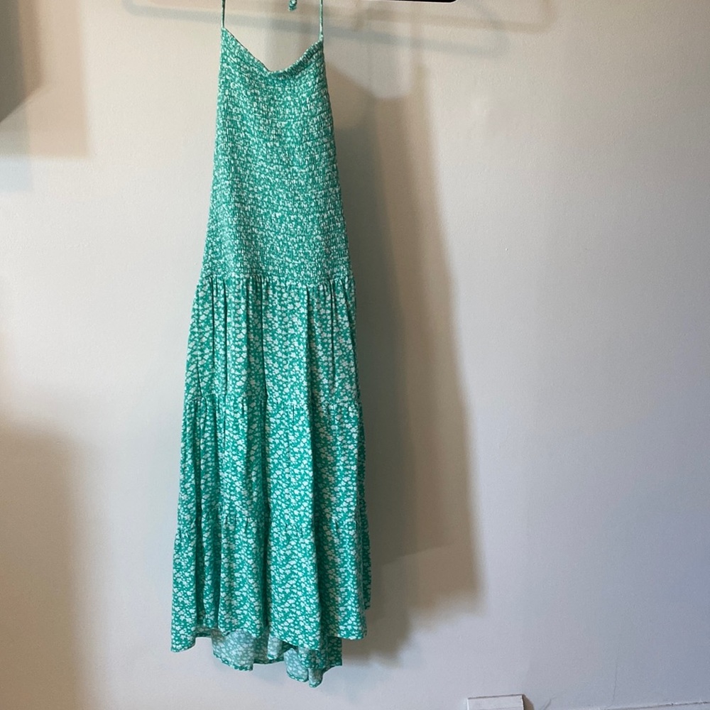 Green floral high neck dress
